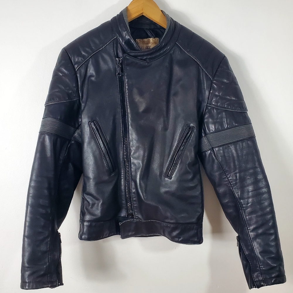 Vintage 80s Wolff of Canada real Black Leather motocycle Jacket